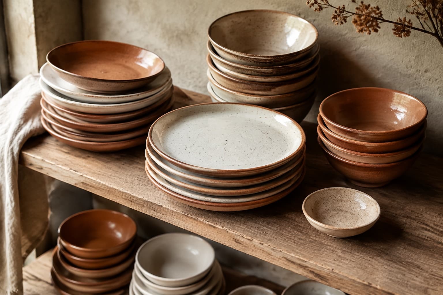 Stacks of Southtable stoneware in warm clay glazes
