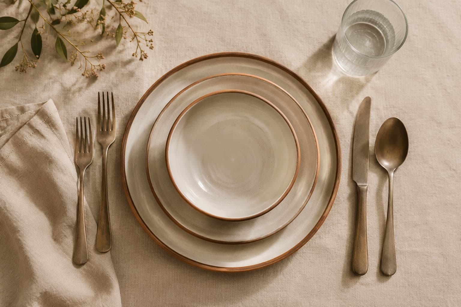 An illustrated Southtable place setting showing plate, bowl, glassware and flatware positions