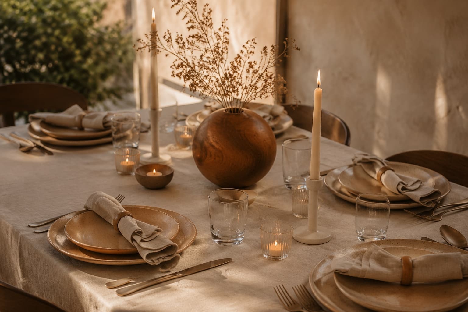 A Southtable place setting — stoneware plates, glass tumblers and brushed flatware on a linen-draped table